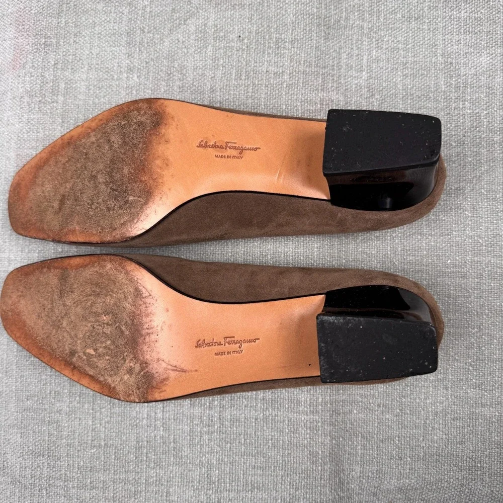 Salvatore Ferragamo Light Brown Suede Block Low Heels Size 8.5